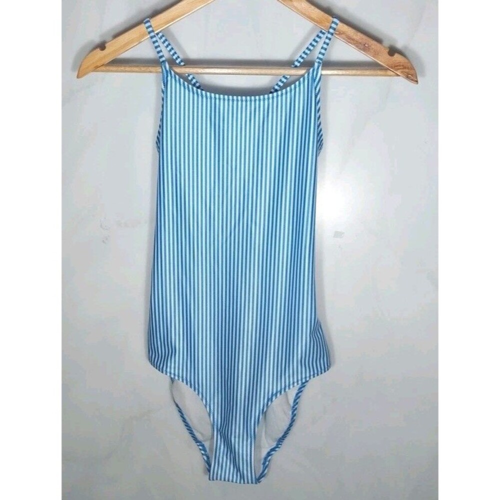 H&M Girls One Piece Swimsuit Blue White Striped NWT Size 16/18 12-14Y Nautical